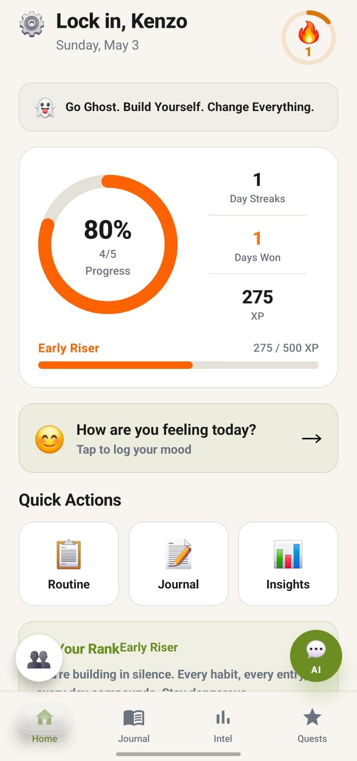 RiseGrind home screen showing daily habit progress and streaks