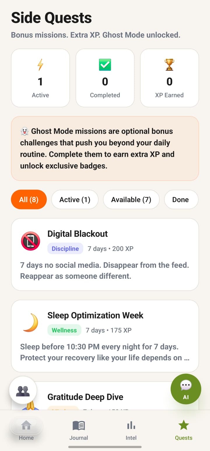 Side Quests screen showing active missions and XP earned