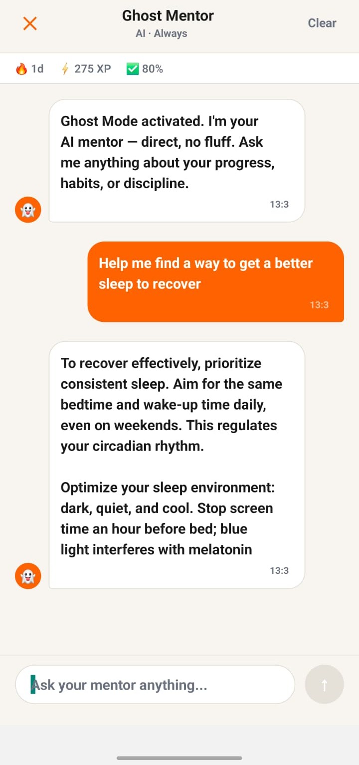 Ghost Mentor chat giving direct sleep recovery advice